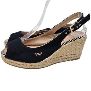 Viscata 36 Black Esapdrille Wedge Sandal Comfort Casual Coastal Peeptoe